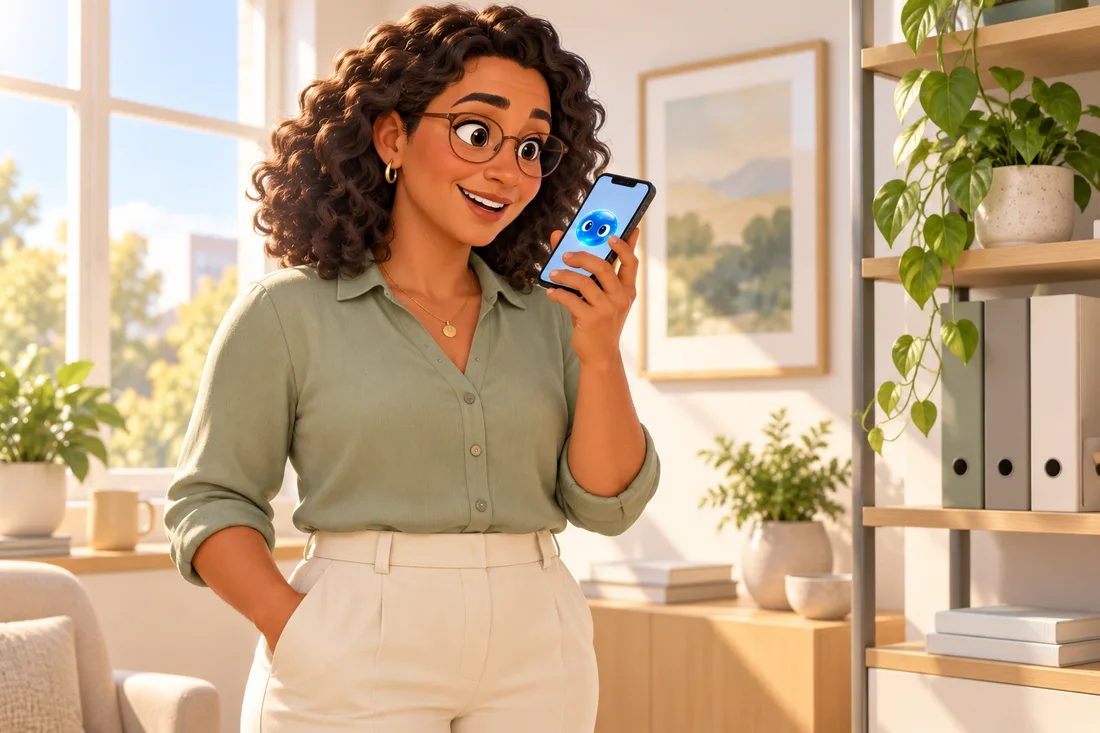 An accountant talking to Alfred through her phone in a bright office.